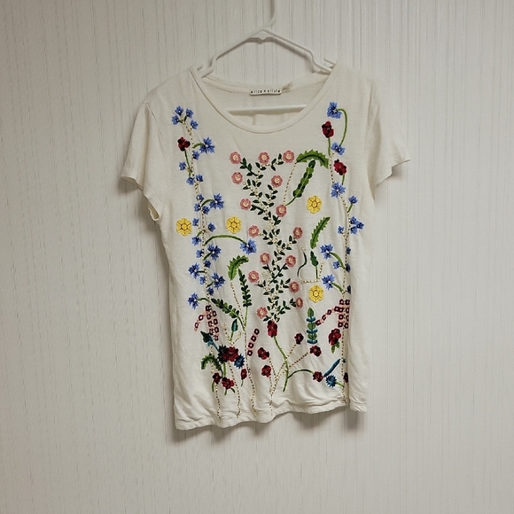Alice + Olivia White Graphic Short Sleeve Tee Embroidered & Beaded Womens Large - Picture 1 of 6